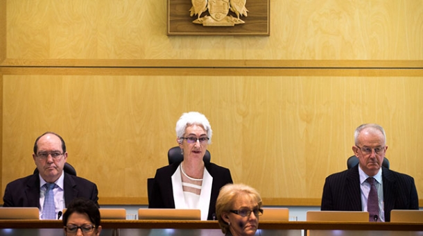 From left to right: Commissioner Andrew Murray, Justice Jennifer Coate and Commissioner Bob Atkinson AO APM