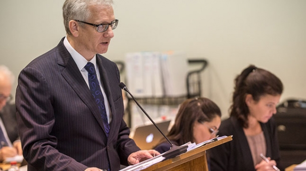 Counsel Assisting, Simeon Beckett speaking in a hearing room
