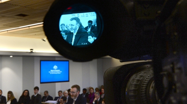 Counsel Assisting, Stephen Free seen through a video lens during a public hearing