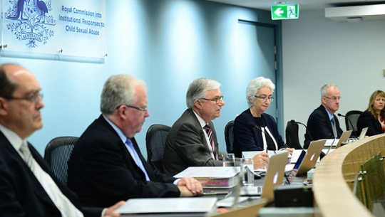 Full sitting of the commissioners during a hearing. From left to right: Commissioner Andrew Murray, Commissioner Robert Fitzgerald AM, the Hon. Justice Peter McClellan AM, Justice Jennifer Coate and Commissioner Helen Milroy