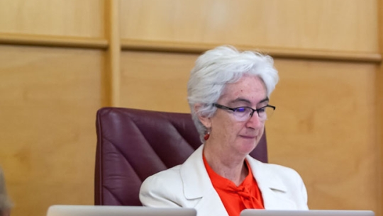 Justice Jennifer Coate sitting at a bench