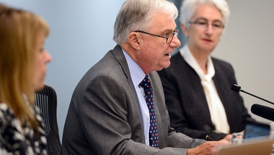 Commissioners sitting at bench, From left to right: Commissioner Helen Milroy, The Hon. Justice Peter McClellan AM and Justice Jennifer Coate